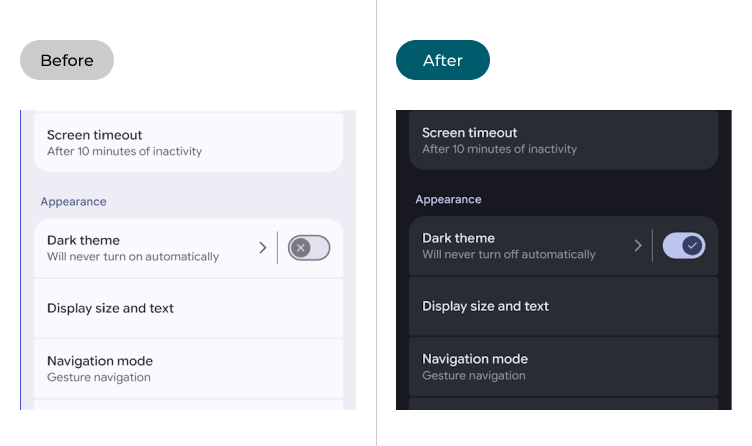Android 16 with the default light theme and the dark theme